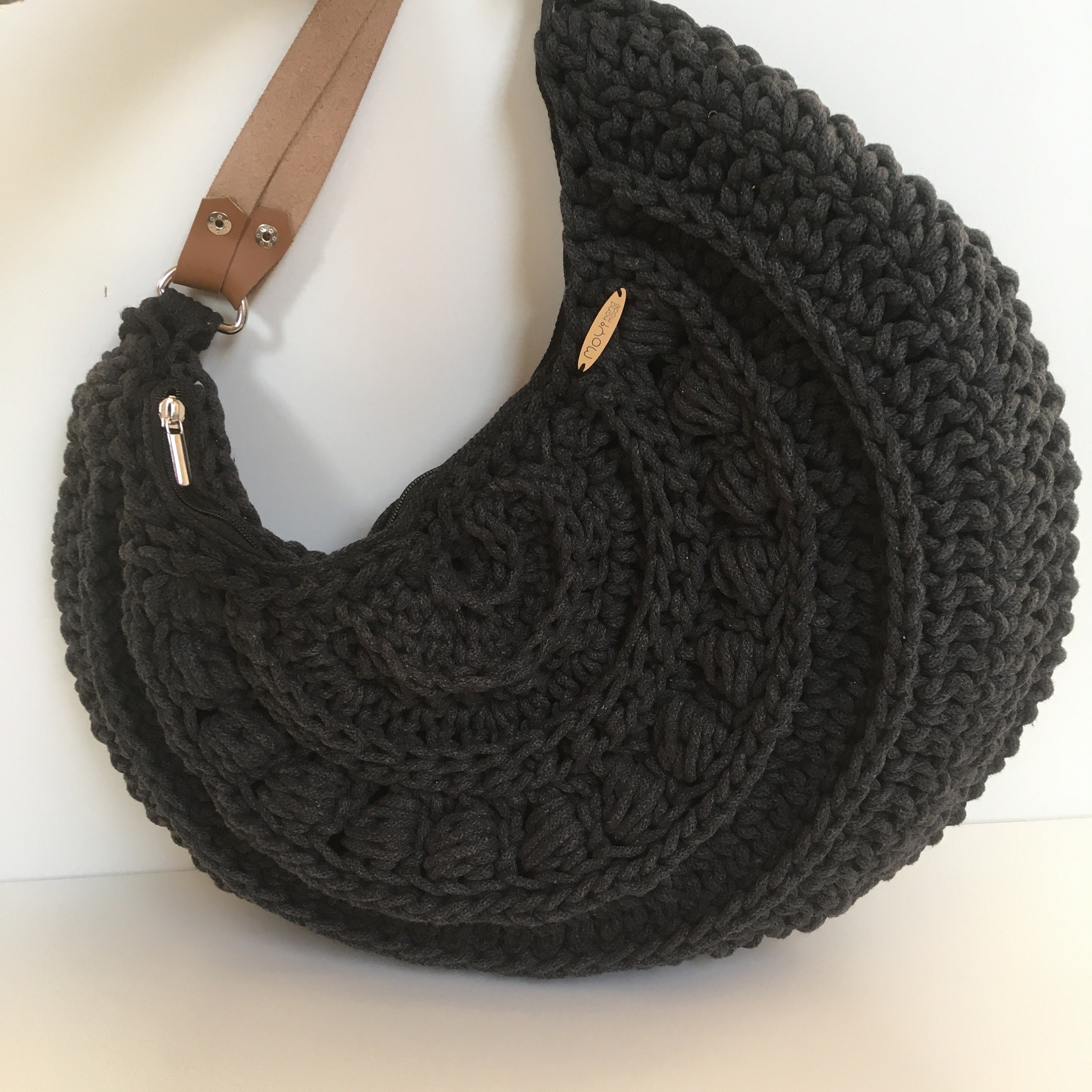 Brown Crescent shoulder bag with crochet strap - Collagerie