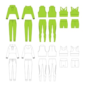 Active Wear Fashion Flat Template Collection / Technical Drawings / Fashion CAD Designs for Adobe Illustrator / Fashion flat sketch
