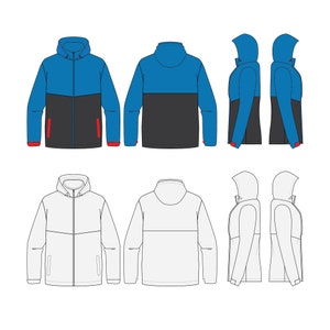 Op de afbeelding: Een platte illustratie van een capuchontrui in drie verschillende kleurvariaties. De eerste trui is blauw en zwart, de tweede is wit en de derde is blauw. De truien worden van voren, achteren en van de zijkant getoond.