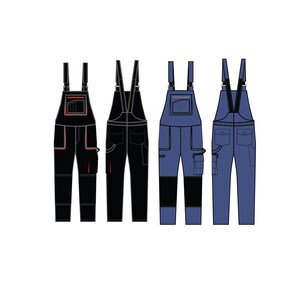 May include: Three pairs of work overalls, one black, one black with grey accents, and one blue. All have adjustable straps and multiple pockets.
