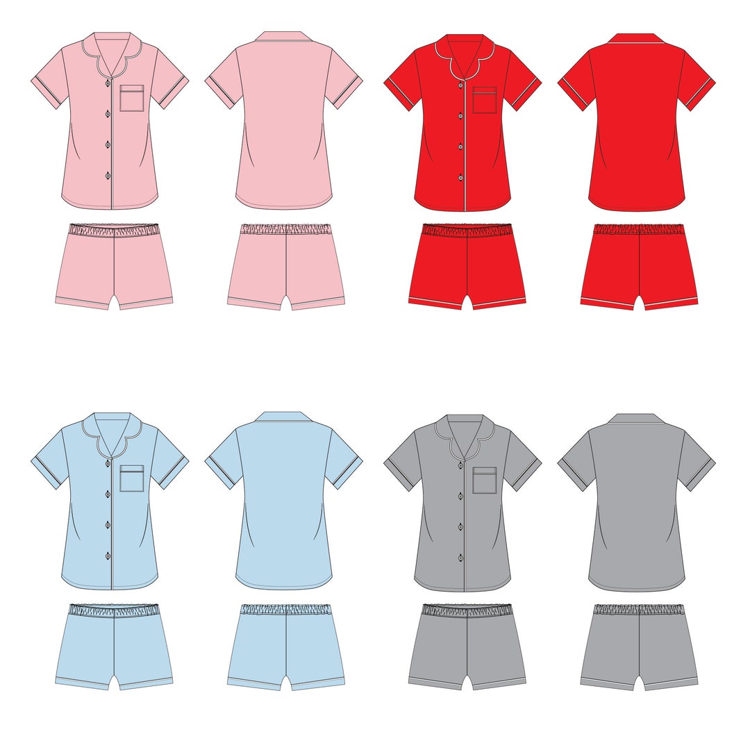 Pajama Set Fashion Flat Templates / Technical Drawings / Fashion CAD Designs for Adobe ...