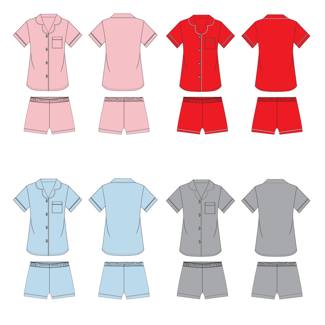 Pajama Set Fashion Flat Templates / Technical Drawings / Fashion CAD ...