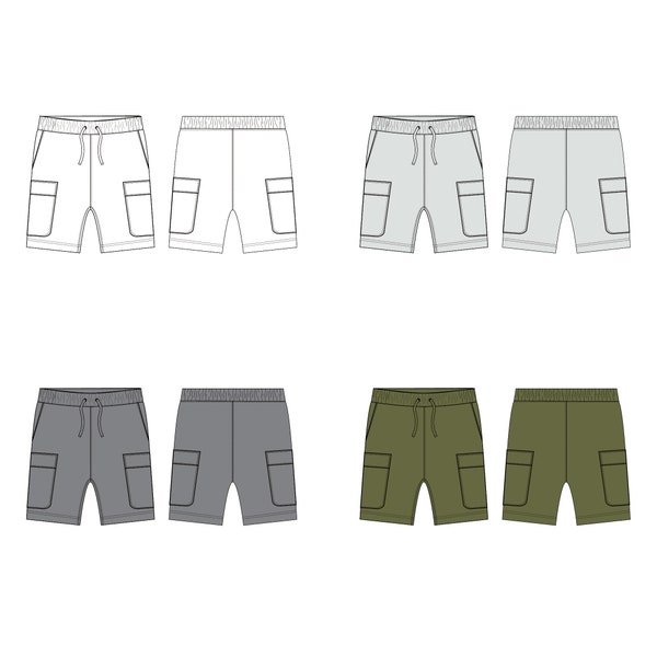 Cargo Shorts Fashion Flat Templates / Technical Drawings / Fashion CAD Designs for Adobe Illustrator / Fashion flat sketch