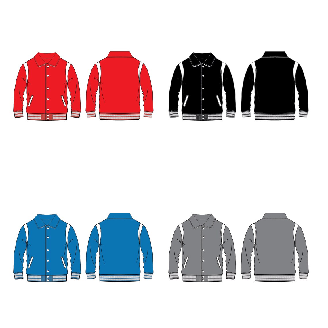 Varsity Jacket Collared Fashion Flat Templates / Technical Drawings ...