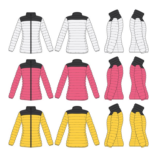 Veste matelassée ou doudoune pour femme Flat Templates / Dessins techniques / Conceptions CAO de mode pour Adobe Illustrator