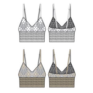 May include: Four camisole top designs are displayed. Each top has adjustable straps and a V-neck. The bodice features a floral pattern, and the lower section has a ribbed texture. The colour palette includes grey, black, and beige.