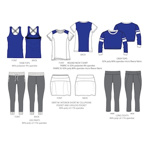 Womens Activewear Collection / / Technical Drawings / Fashion CAD Designs for Adobe Illustrator / Fashion flat sketch