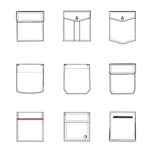 Pockets fashion flats / Technical Drawings / Fashion CAD Designs for Adobe Illustrator / Fashion flat sketch