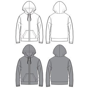 Hoodie Fashion Flat Templates / Technical Drawings / Fashion CAD Designs for Adobe Illustrator / Fashion flat sketch