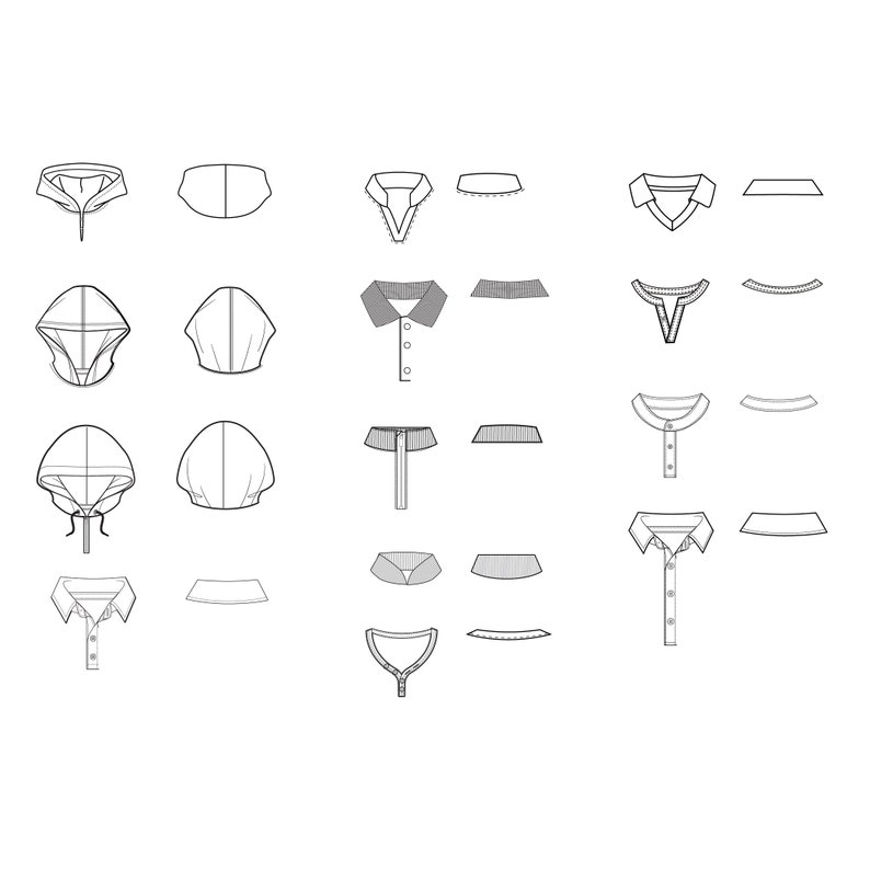 Collars Assorted Fashion Flat Templates / Technical Drawings / Fashion CAD Designs for Adobe
