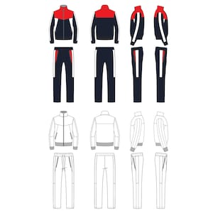 Könnte beinhalten: Eine Vektorillustration von zwei Trainingsanzügen. Der erste Trainingsanzug ist marineblau, rot und weiß. Der zweite Trainingsanzug ist weiß und schwarz. Die Illustration zeigt die Vorder-, Rück- und Seitenansichten der Jacken und Hosen.