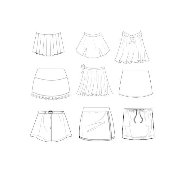 Modèles plats de mode pour jupes et ourlets de robe / Dessins techniques / Conceptions CAO de mode pour Adobe Illustrator / Croquis de mode à plat