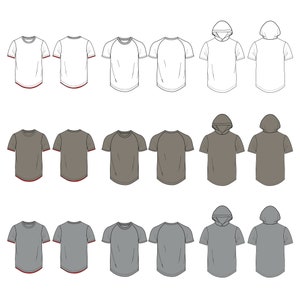 Curve hem shirt assorted designs / Technical Drawings / Fashion CAD Designs for Adobe Illustrator / Fashion flat sketch