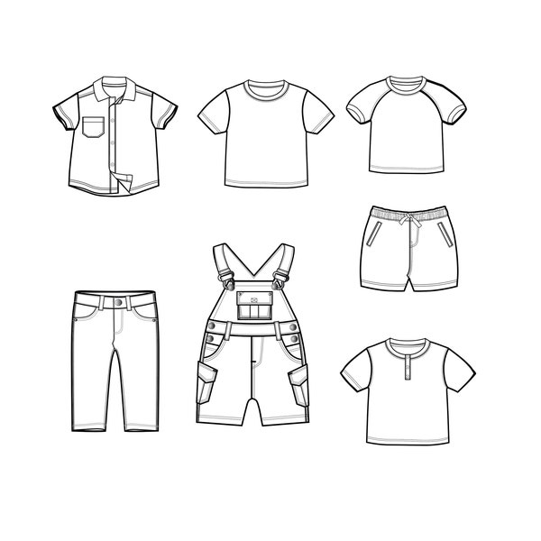 Plantillas de moda de colección para recién nacidos / Dibujos técnicos / Diseños CAD de moda para Adobe Illustrator / Boceto plano de moda