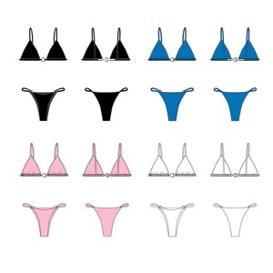 Può includere: Un set di 10 illustrazioni di bikini in nero, blu, bianco e rosa. I bikini sono tutti top a triangolo con un dettaglio ad anello al centro e uno stile di fondo semplice.