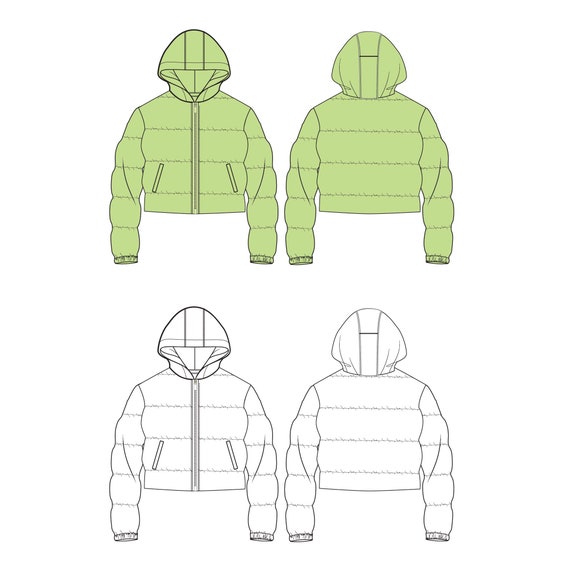Cropped Puffer Jacket Fashion Flat Templates: Technical CAD Drawings (EPS Vector File)