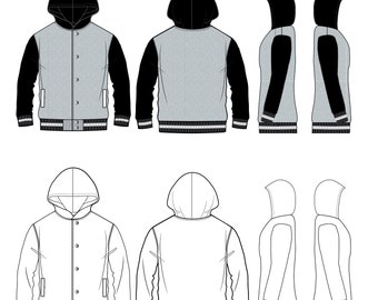 Varsity Jacket Hooded / Technical Drawings / Fashion CAD Designs for Adobe Illustrator / Fashion flat sketch