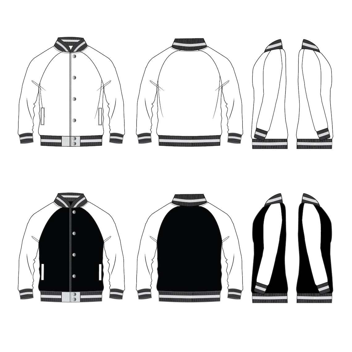 Varsity Jacket Raglan Sleeves Fashion Flat Templates / Technical ...
