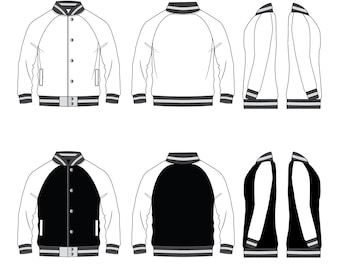 Varsity Jacket Raglan Sleeves Fashion Flat Templates / Technical Drawings / Fashion CAD Designs for Adobe Illustrator / Fashion flat sketch