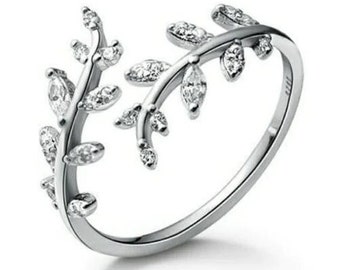 CZ .925 Sterling Silver Leaf Ring Adjustable, Any size, Seasonal Gift for Her, Resizable Cubic Zirconia, Zircon Ring