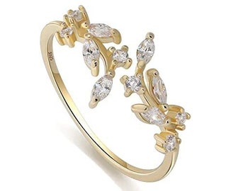 CZ Leaf Ring Adjustable, Any size, Seasonal Gift for Her, Resizable Cubic Zirconia