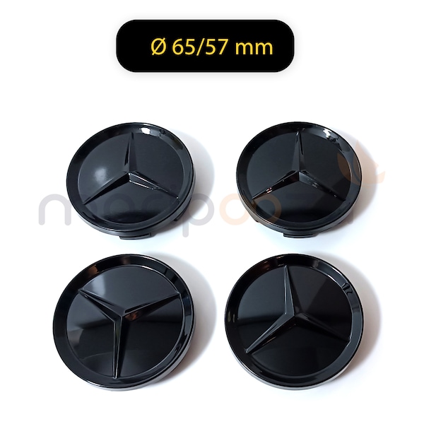 4x Wheel Center Hub Cover Ø 65/57mm Mercedes Benz Logo Full Black Gloss Brilliant Black