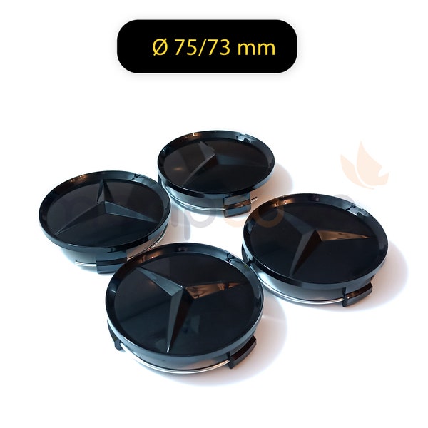 4x Wheel Center Hub Covers Ø 75/73mm Mercedes Benz Logo Full Black Gloss Glossy Black