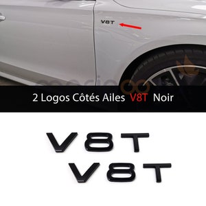 2x Glossy Black V8T door wings logo emblems 85x18 MM for Audi