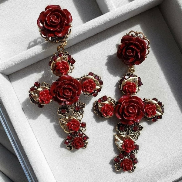 Baroque Rose Cross Earrings, Cross Drop Earrings, Romantic Rose Earrings