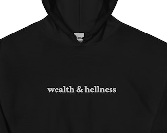 Embroidered Gothic Hoodie: Funny Satanic 'Wealth & Hellness' Statement