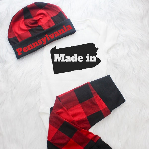 Made in Personalized State Baby Bodysuit, Perfect Newborn Gift, Custom baby hat, Buffalo plaid Baby Leggings, Gender Neutral Coming Home