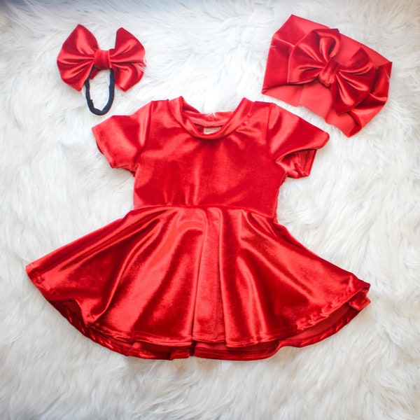 Red Velvet Baby Dress, Velvet Holiday Twirl Dress for Toddlers, Holiday velvet Bow Head Wrap, Velvet Circle Skater Dress