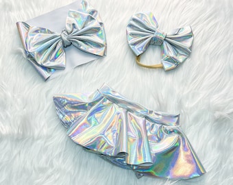 Holographic Iridescent Skirted Bummies and Bow  for Baby girls, Unicorn Shirt with Designer Bummies, Reflective Diaper Cover