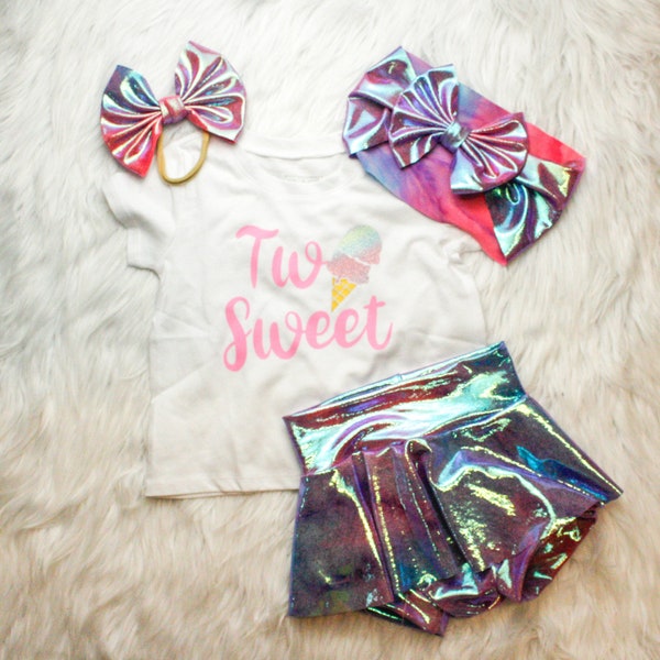 Two Sweet Ice Cream Birthday Girl Shirt, Tie Dye Holographic Skirted Bummy, Metallic Iridescent Bummies and Bow,  Reflective Diaper Cover