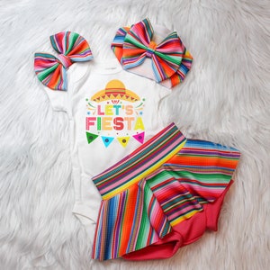 Let's Fiesta Serape skirted Bummies, Rainbow diaper cover, Colorful Baby Bow, First Birthday Top, Sombrero baby Shirt, 2T, 3T, 4T, 5T