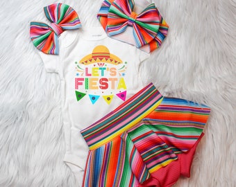 Let's Fiesta Serape skirted Bummies, Rainbow diaper cover, Colorful Baby Bow, First Birthday Top, Sombrero baby Shirt