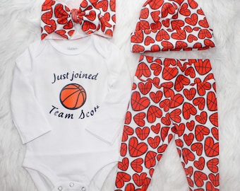 Basketball Heart Pants, Newborn Coming Home Outfit, Basketball Sports themed Baby Clothes, Basketball Bow Head Wrap or Hat