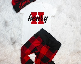 Adorable Personalized Newborn Baby Boy Coming Home Outfit - Custom Buffalo Plaid Hat, Bodysuit, or Joggers Gender Neutral Going home shirt