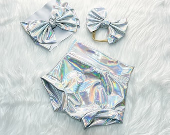 Holographic Iridescent Leotard or Bow for Baby girls, Silver Unicorn Bodysuit or skirted Bummies, Reflective Diaper Cover.