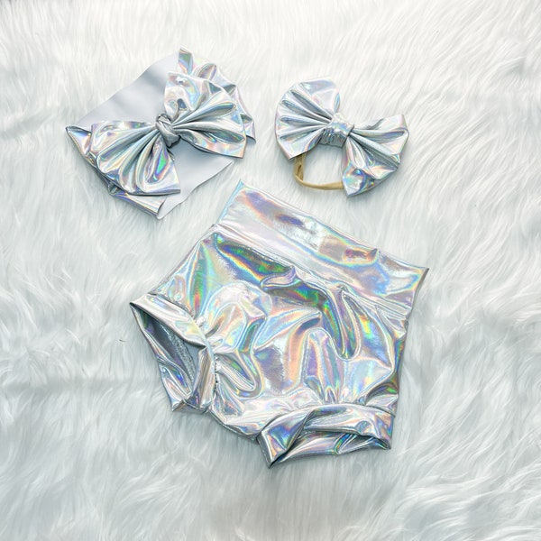 Holographic Iridescent Leotard or Bow for Baby girls, Silver Unicorn Bodysuit or skirted Bummies, Reflective Diaper Cover.