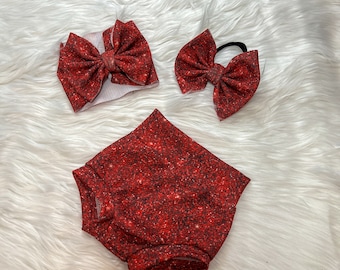 Red No Glitter Bummies , Sparkle diaper cover, faux glitter Baby Bow, First Birthday