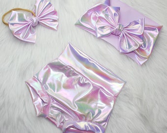 Pink Holographic Iridescent Bummies and Bow for Baby girls, Designer Bummies, Pink Oil Slick Rainbow,  Reflective Diaper Cover,