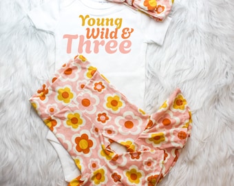 Young, Wild, and 3 Bell Bottoms, Retro Second birthday Shirt,4 Ever Groovy shirt designs, Flower child Skirted Bummy and Bow, Two Groovy,