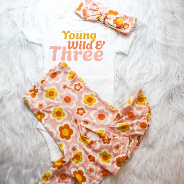 Young, Wild, and 3 Bell Bottoms, Retro Second birthday Shirt,4 Ever Groovy shirt designs, Flower child Skirted Bummy and Bow, Two Groovy,