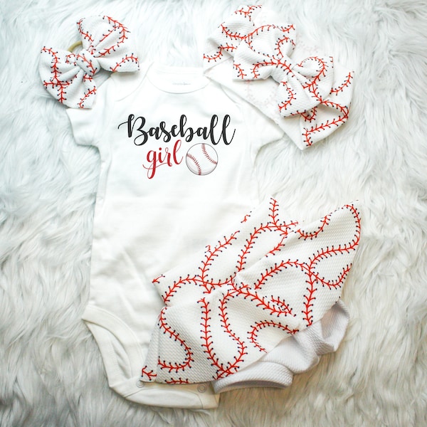 Baseball Girl Baby Shirt, Baseball Stitches Skirted Bummy, Baseball Bows and Bummies, Sports themed baby Headband, Baseball legging pants