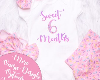 À mi-chemin vers un Pink Sprinkles Bummies and Bow, Sweet 6 Months Birthday, Donut, Ice Cream Cake smash Outfit, Preemie Newborn