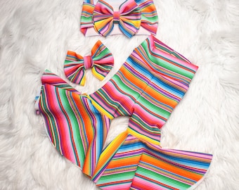 Serape Bell Bottoms, Rainbow Baby Leggings, Serape Bow Head wrap, My first Fiesta Birthday Party, Toddler sizes 2T, 3T, 4T, 5T