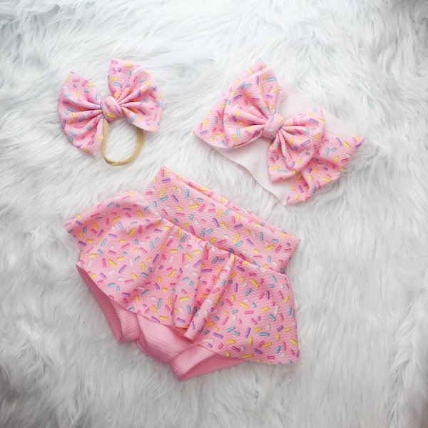 Pink Sprinkles Skirted leggings and Bow for Baby girls, Sweet One Birthday Set, Two Sweet Cake smash Outfit