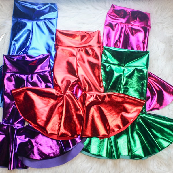 Metallic Bell Bottoms for baby Girls, Red Baby Bells, Foil Flare Pants, Metallic, Bows and Head-wraps