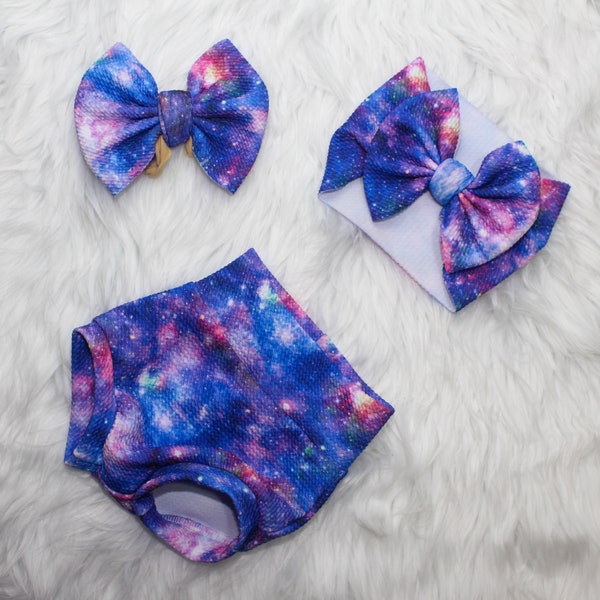 Galaxy Bummy and Bow, gender Neutral, Blue and Purple Bummie, Baby shower gift